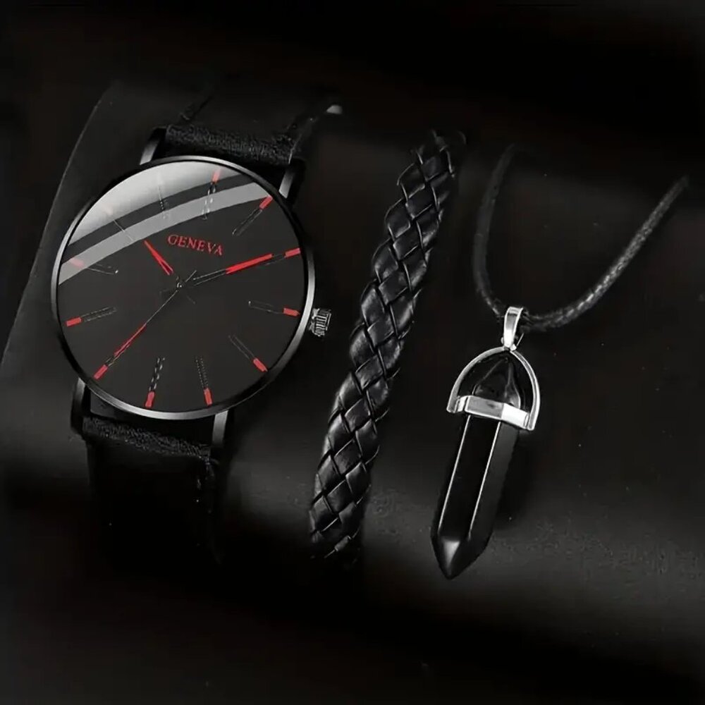 3 pcs Sophisticated Timepiece with Leather Strap